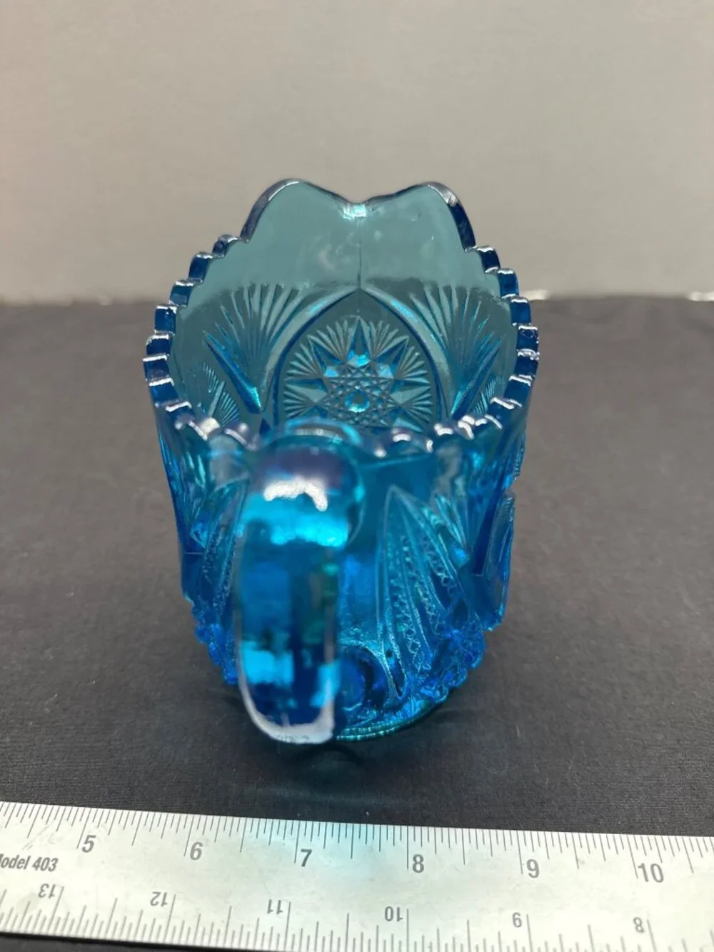 Kemple Glass Works Aqua Blue Yutec Pattern Creamer Scalloped Rim & Starburst Mot